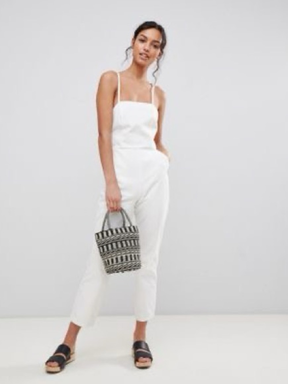 ASOS White Halter Square-Neck Spaghetti-Strap tie back Jumpsuit 100% cotton